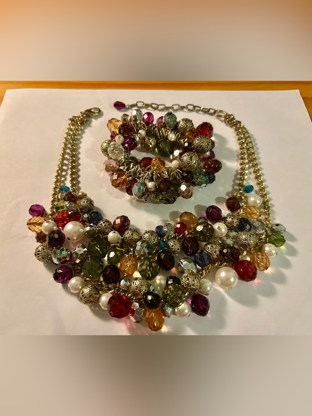 Gold-Tone Double Chain with Multi Color Bead & Faux Pearl Necklace & Bracelet